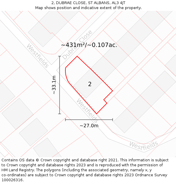 2, DUBRAE CLOSE, ST ALBANS, AL3 4JT: Plot and title map