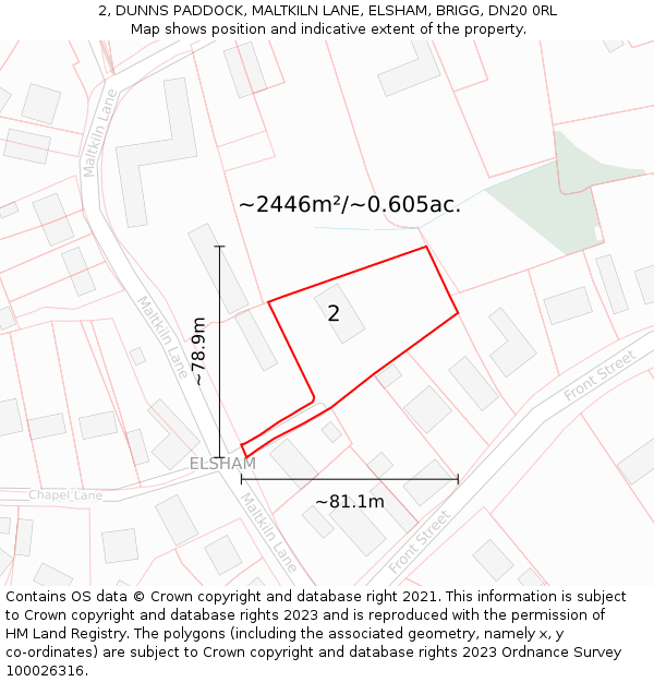 2, DUNNS PADDOCK, MALTKILN LANE, ELSHAM, BRIGG, DN20 0RL: Plot and title map