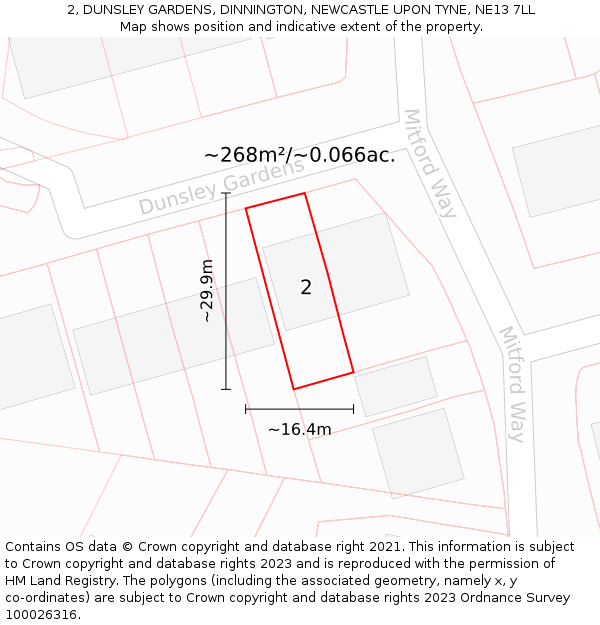 2, DUNSLEY GARDENS, DINNINGTON, NEWCASTLE UPON TYNE, NE13 7LL: Plot and title map