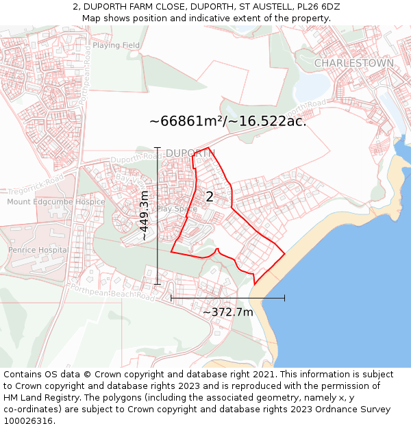 2, DUPORTH FARM CLOSE, DUPORTH, ST AUSTELL, PL26 6DZ: Plot and title map