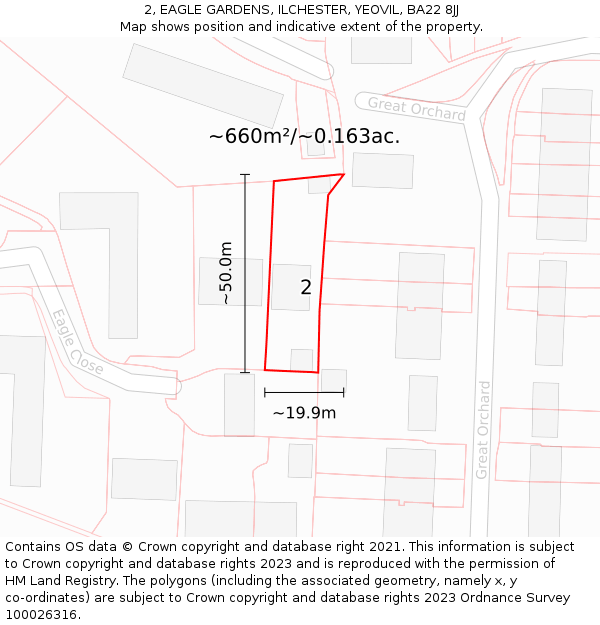 2, EAGLE GARDENS, ILCHESTER, YEOVIL, BA22 8JJ: Plot and title map