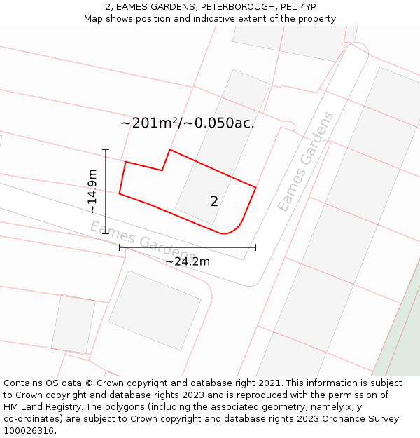 2, EAMES GARDENS, PETERBOROUGH, PE1 4YP: Plot and title map