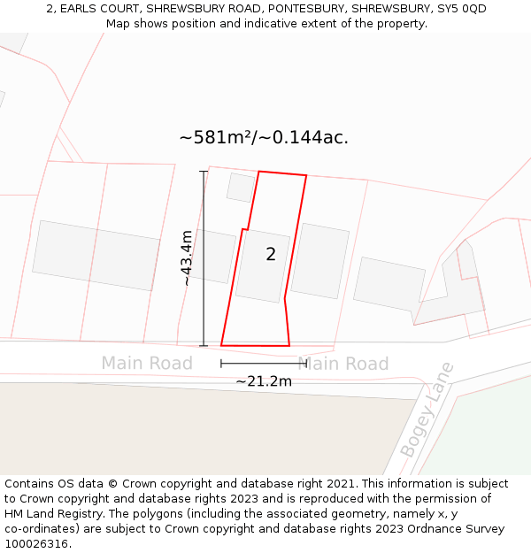 2, EARLS COURT, SHREWSBURY ROAD, PONTESBURY, SHREWSBURY, SY5 0QD: Plot and title map