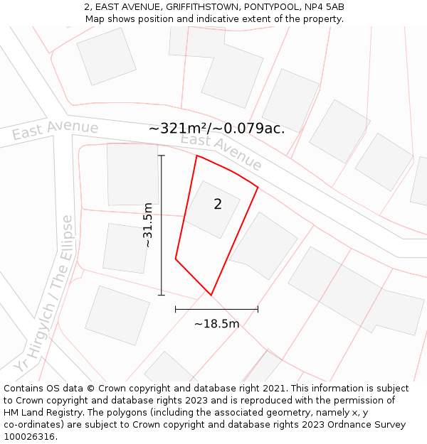 2, EAST AVENUE, GRIFFITHSTOWN, PONTYPOOL, NP4 5AB: Plot and title map
