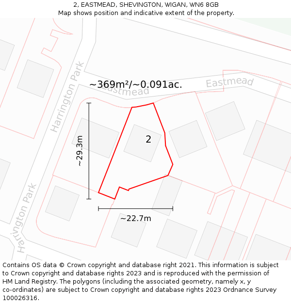 2, EASTMEAD, SHEVINGTON, WIGAN, WN6 8GB: Plot and title map