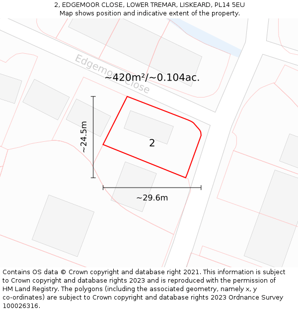 2, EDGEMOOR CLOSE, LOWER TREMAR, LISKEARD, PL14 5EU: Plot and title map