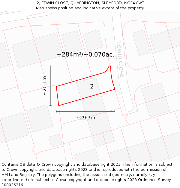 2, EDWIN CLOSE, QUARRINGTON, SLEAFORD, NG34 8WT: Plot and title map