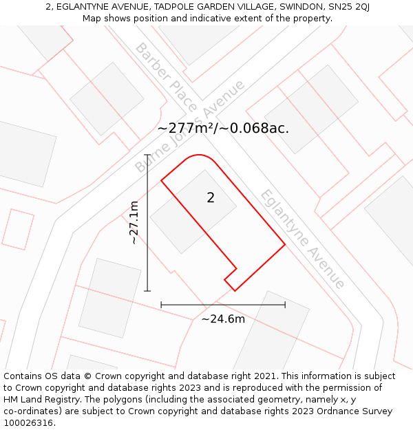 2, EGLANTYNE AVENUE, TADPOLE GARDEN VILLAGE, SWINDON, SN25 2QJ: Plot and title map