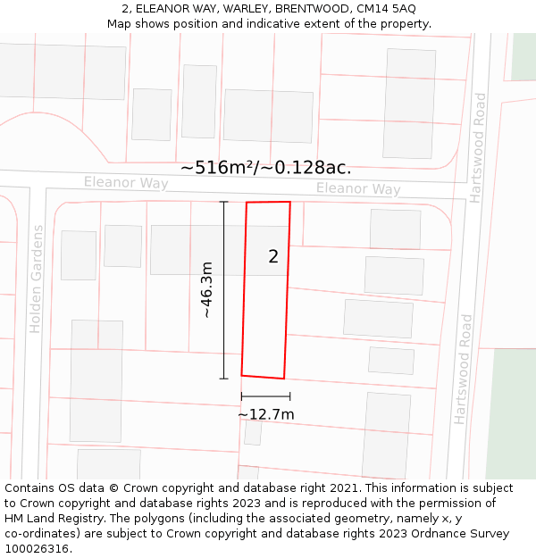 2, ELEANOR WAY, WARLEY, BRENTWOOD, CM14 5AQ: Plot and title map