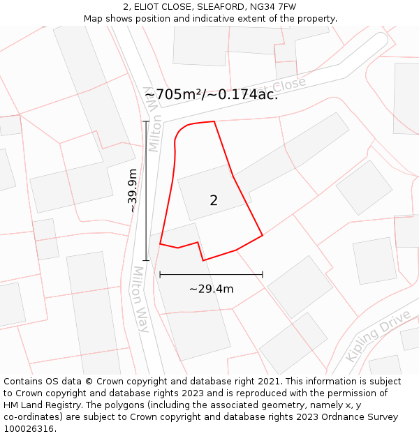 2, ELIOT CLOSE, SLEAFORD, NG34 7FW: Plot and title map