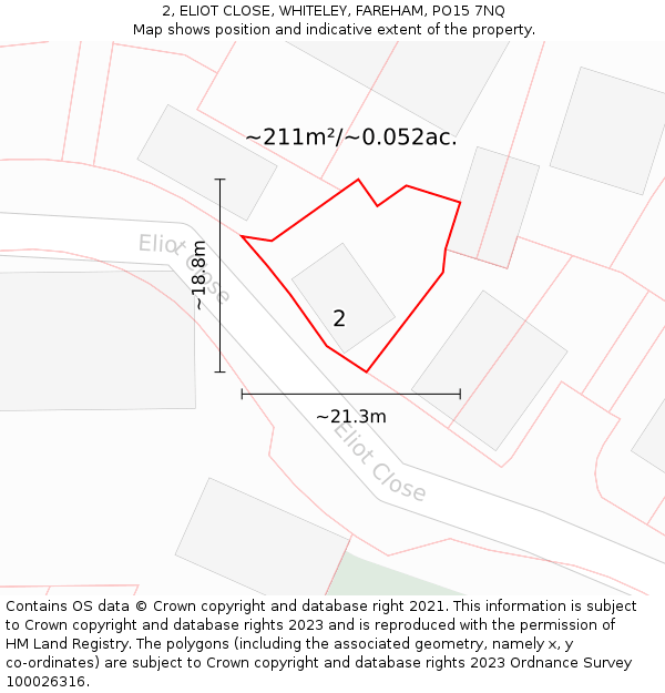 2, ELIOT CLOSE, WHITELEY, FAREHAM, PO15 7NQ: Plot and title map