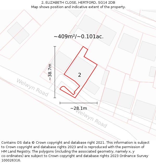 2, ELIZABETH CLOSE, HERTFORD, SG14 2DB: Plot and title map