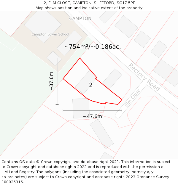 2, ELM CLOSE, CAMPTON, SHEFFORD, SG17 5PE: Plot and title map
