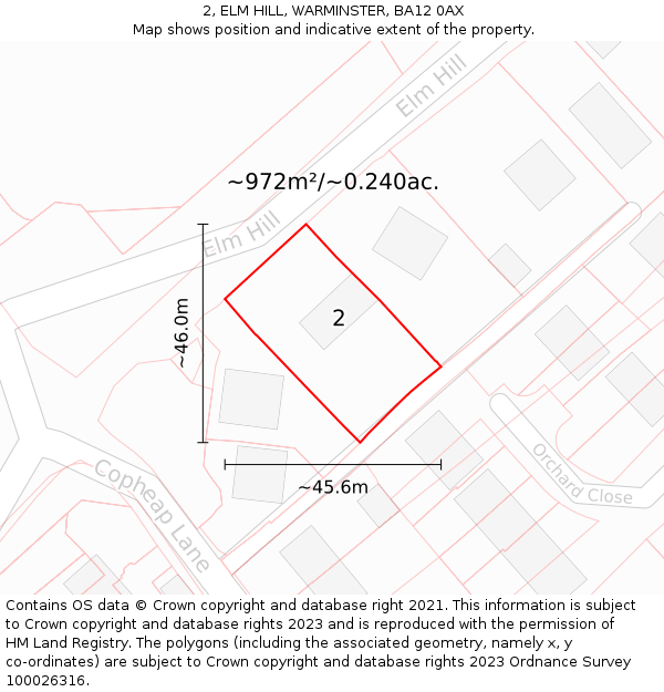 2, ELM HILL, WARMINSTER, BA12 0AX: Plot and title map