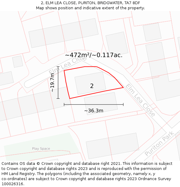 2, ELM LEA CLOSE, PURITON, BRIDGWATER, TA7 8DF: Plot and title map