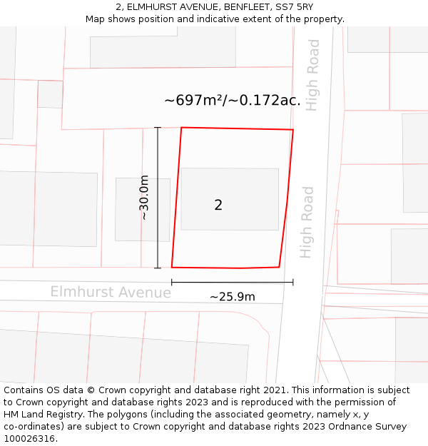 2, ELMHURST AVENUE, BENFLEET, SS7 5RY: Plot and title map