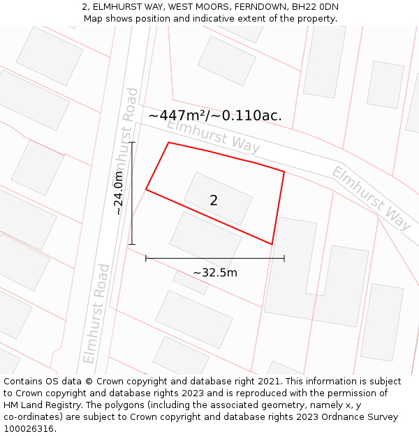2, ELMHURST WAY, WEST MOORS, FERNDOWN, BH22 0DN: Plot and title map