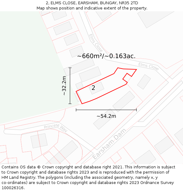 2, ELMS CLOSE, EARSHAM, BUNGAY, NR35 2TD: Plot and title map