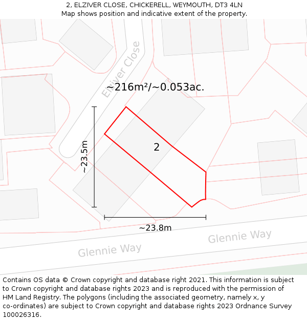2, ELZIVER CLOSE, CHICKERELL, WEYMOUTH, DT3 4LN: Plot and title map