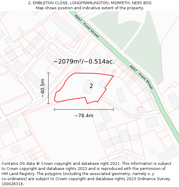 2, EMBLETON CLOSE, LONGFRAMLINGTON, MORPETH, NE65 8DG: Plot and title map