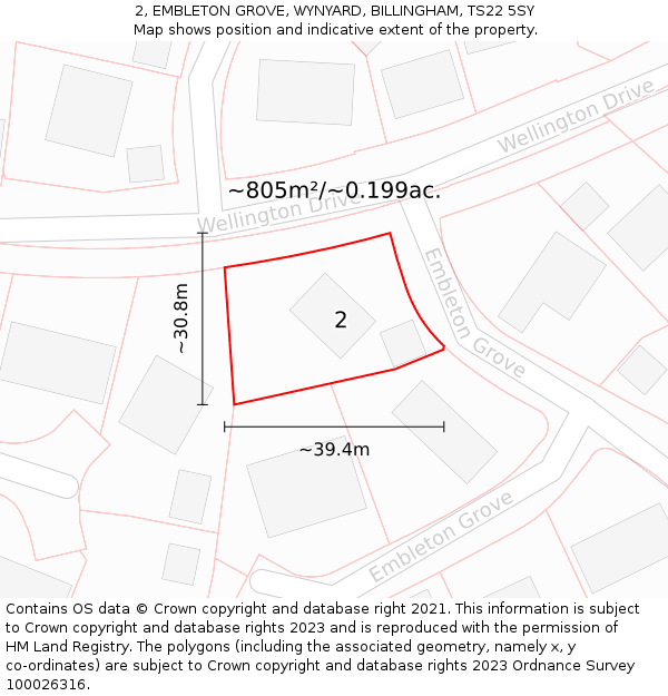 2, EMBLETON GROVE, WYNYARD, BILLINGHAM, TS22 5SY: Plot and title map
