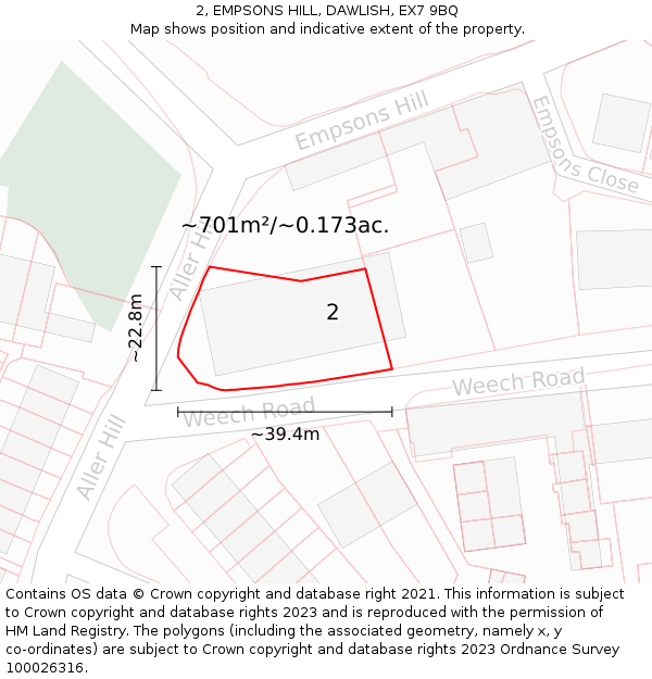 2, EMPSONS HILL, DAWLISH, EX7 9BQ: Plot and title map