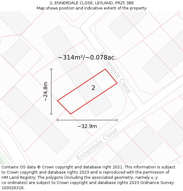 2, ENNERDALE CLOSE, LEYLAND, PR25 3BE: Plot and title map