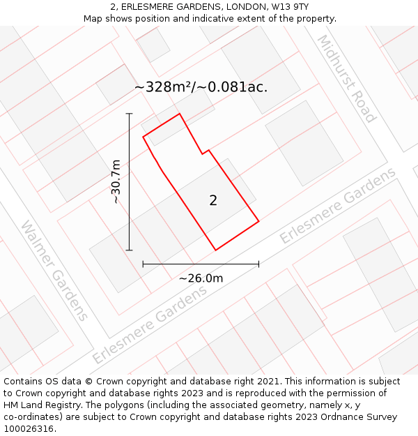 2, ERLESMERE GARDENS, LONDON, W13 9TY: Plot and title map