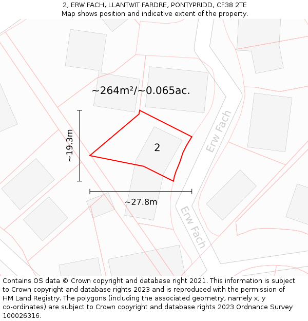 2, ERW FACH, LLANTWIT FARDRE, PONTYPRIDD, CF38 2TE: Plot and title map