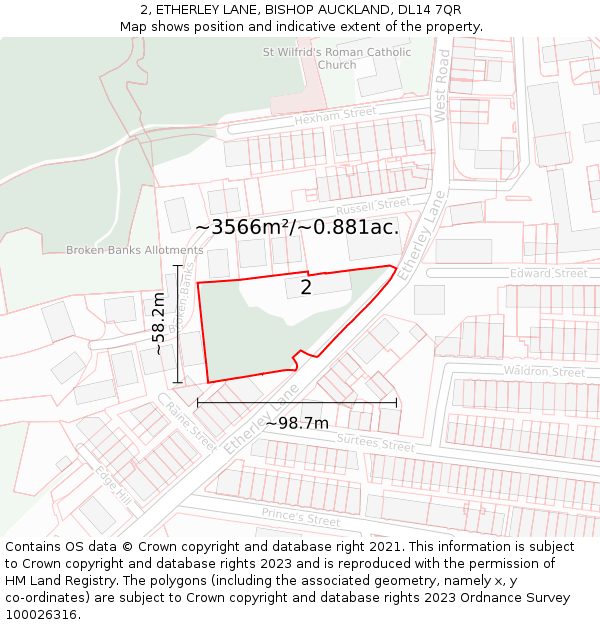 2, ETHERLEY LANE, BISHOP AUCKLAND, DL14 7QR: Plot and title map