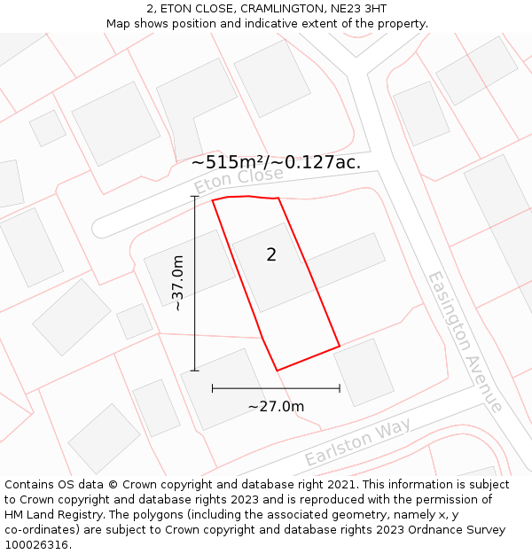 2, ETON CLOSE, CRAMLINGTON, NE23 3HT: Plot and title map