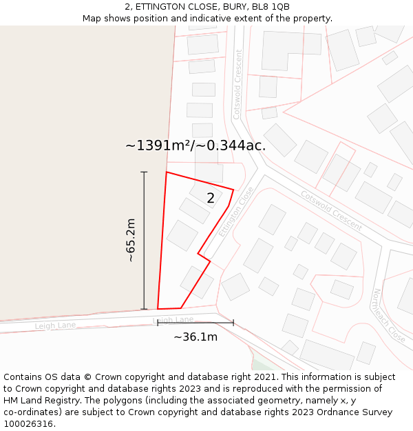 2, ETTINGTON CLOSE, BURY, BL8 1QB: Plot and title map