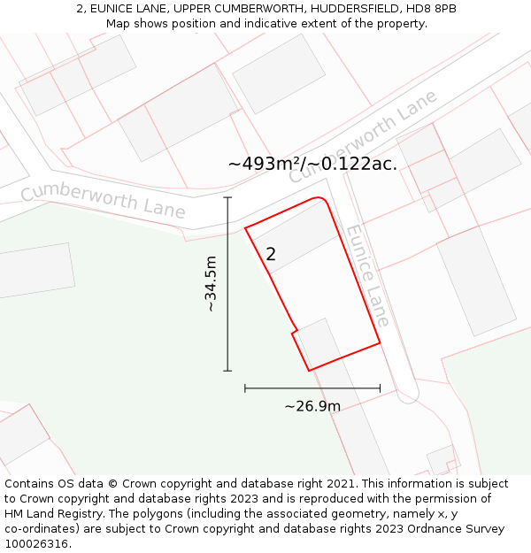 2, EUNICE LANE, UPPER CUMBERWORTH, HUDDERSFIELD, HD8 8PB: Plot and title map
