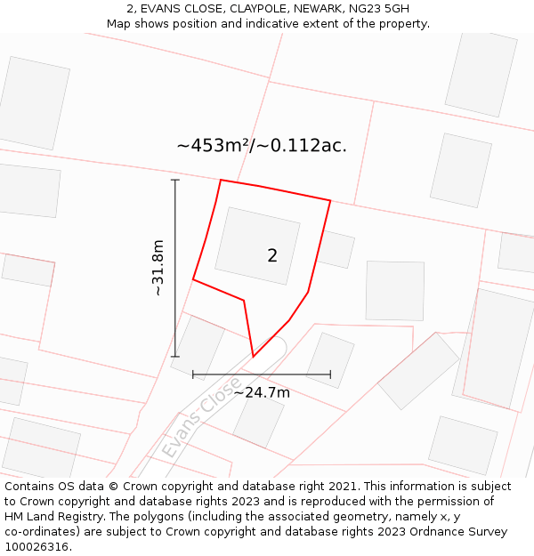 2, EVANS CLOSE, CLAYPOLE, NEWARK, NG23 5GH: Plot and title map