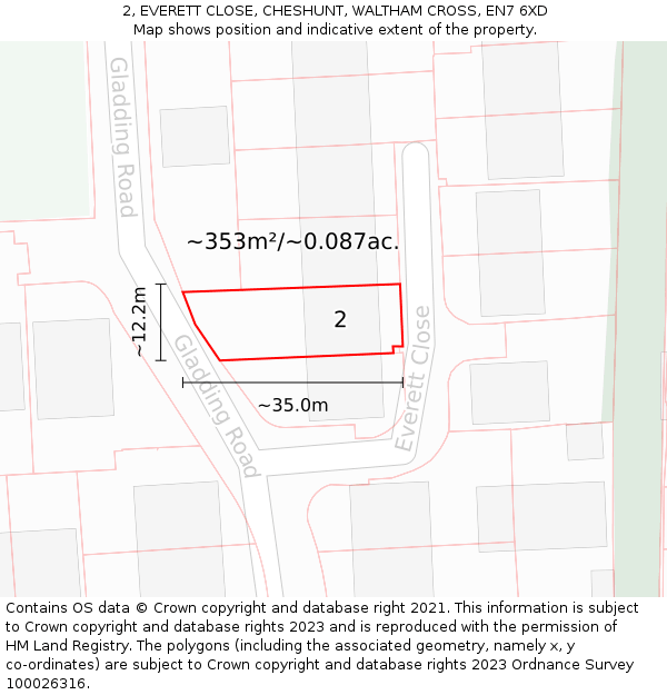 2, EVERETT CLOSE, CHESHUNT, WALTHAM CROSS, EN7 6XD: Plot and title map