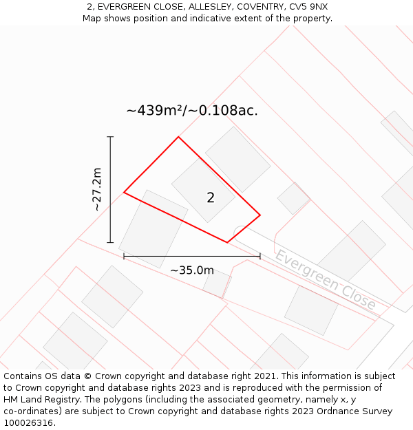2, EVERGREEN CLOSE, ALLESLEY, COVENTRY, CV5 9NX: Plot and title map
