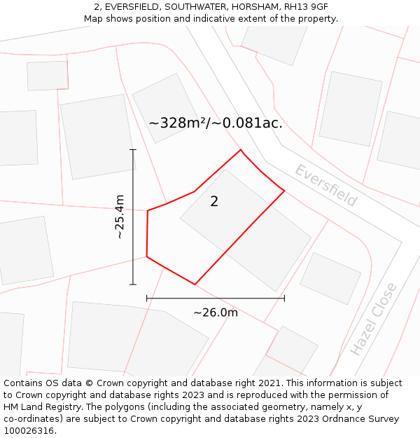 2, EVERSFIELD, SOUTHWATER, HORSHAM, RH13 9GF: Plot and title map