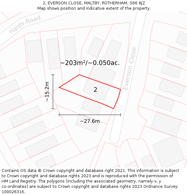 2, EVERSON CLOSE, MALTBY, ROTHERHAM, S66 8JZ: Plot and title map