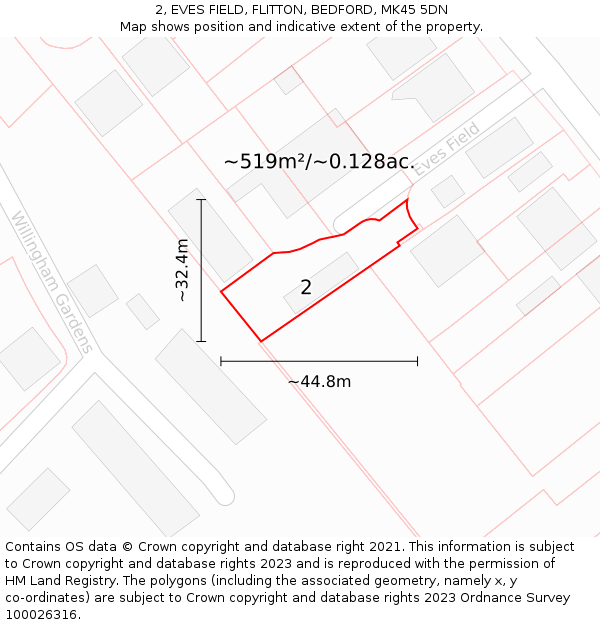 2, EVES FIELD, FLITTON, BEDFORD, MK45 5DN: Plot and title map