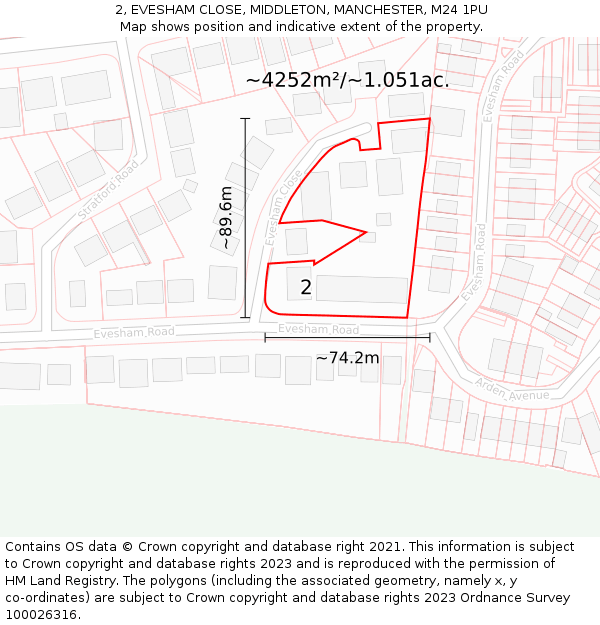 2, EVESHAM CLOSE, MIDDLETON, MANCHESTER, M24 1PU: Plot and title map