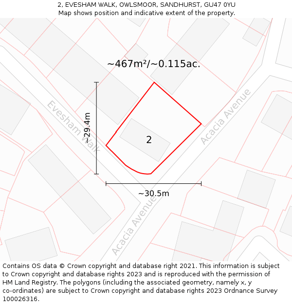 2, EVESHAM WALK, OWLSMOOR, SANDHURST, GU47 0YU: Plot and title map