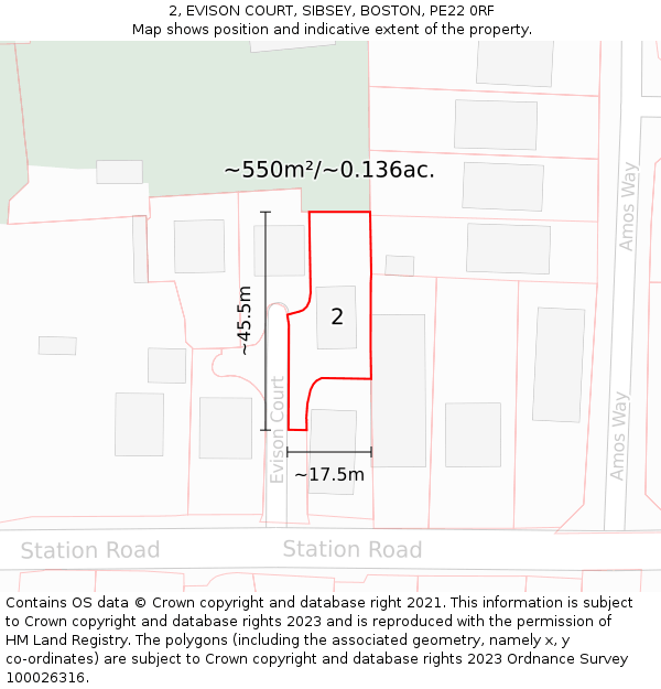 2, EVISON COURT, SIBSEY, BOSTON, PE22 0RF: Plot and title map