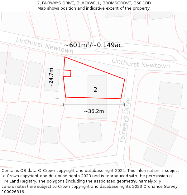 2, FAIRWAYS DRIVE, BLACKWELL, BROMSGROVE, B60 1BB: Plot and title map