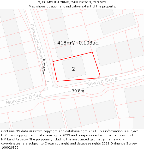 2, FALMOUTH DRIVE, DARLINGTON, DL3 0ZS: Plot and title map