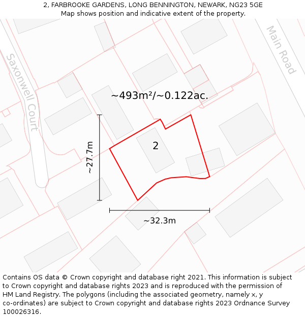 2, FARBROOKE GARDENS, LONG BENNINGTON, NEWARK, NG23 5GE: Plot and title map