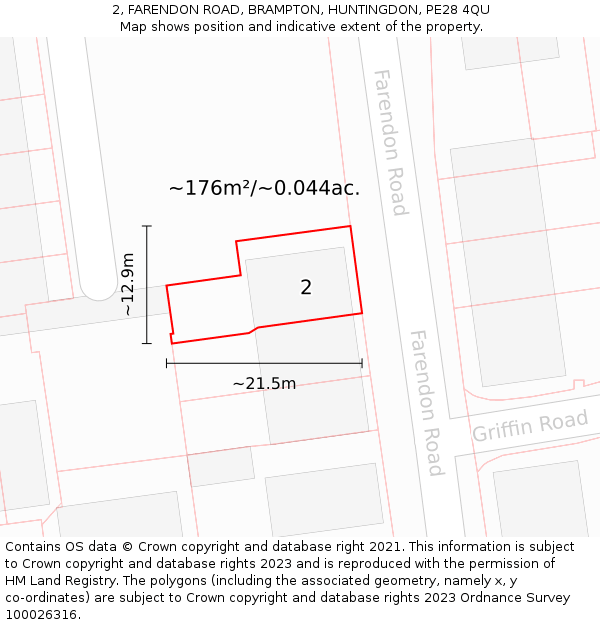 2, FARENDON ROAD, BRAMPTON, HUNTINGDON, PE28 4QU: Plot and title map