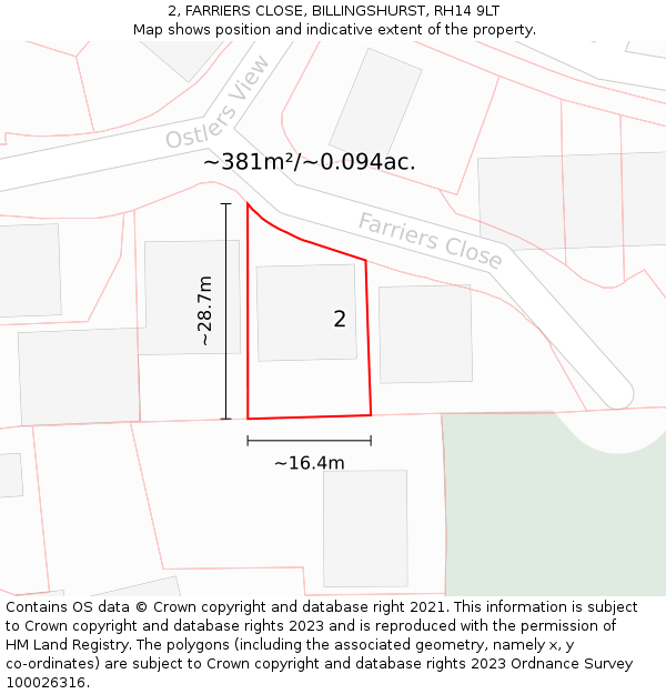 2, FARRIERS CLOSE, BILLINGSHURST, RH14 9LT: Plot and title map