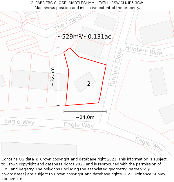 2, FARRIERS CLOSE, MARTLESHAM HEATH, IPSWICH, IP5 3SW: Plot and title map