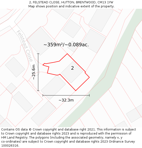 2, FELSTEAD CLOSE, HUTTON, BRENTWOOD, CM13 1YW: Plot and title map