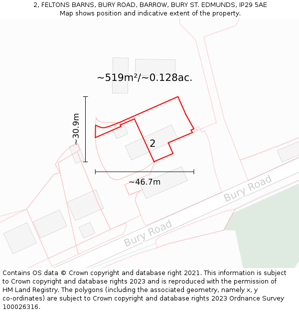 2, FELTONS BARNS, BURY ROAD, BARROW, BURY ST. EDMUNDS, IP29 5AE: Plot and title map